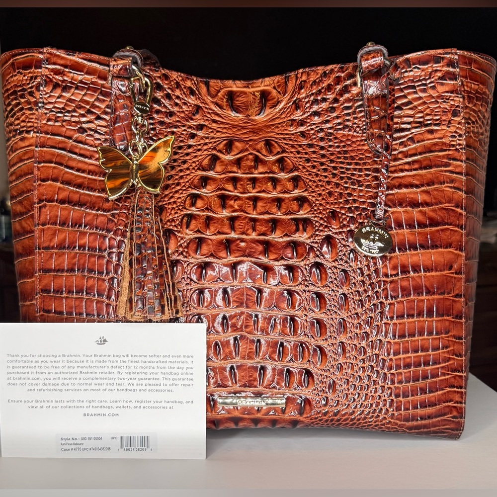 Brahmin Pecan Melbourne April Crocodile Embossed Tote w/Butterfly Tassel